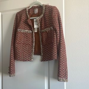 Jeanniemai INC Rust and White Tweed Blazer with Gold Chain Accent